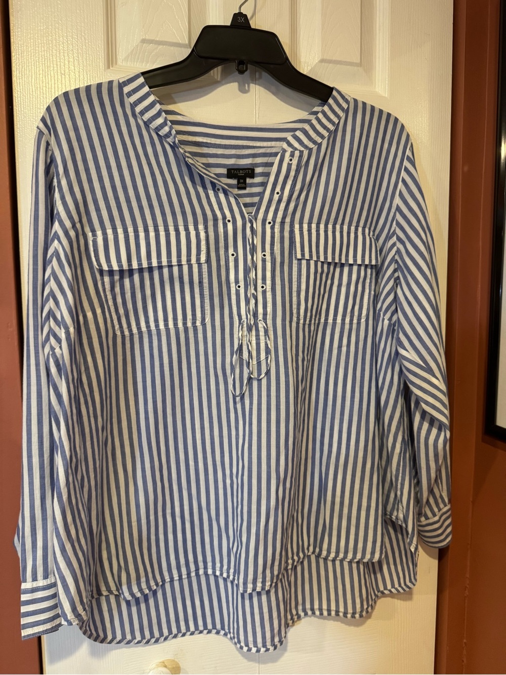 Talbots Blue and White Blouse with Lace-up Detail, 3X